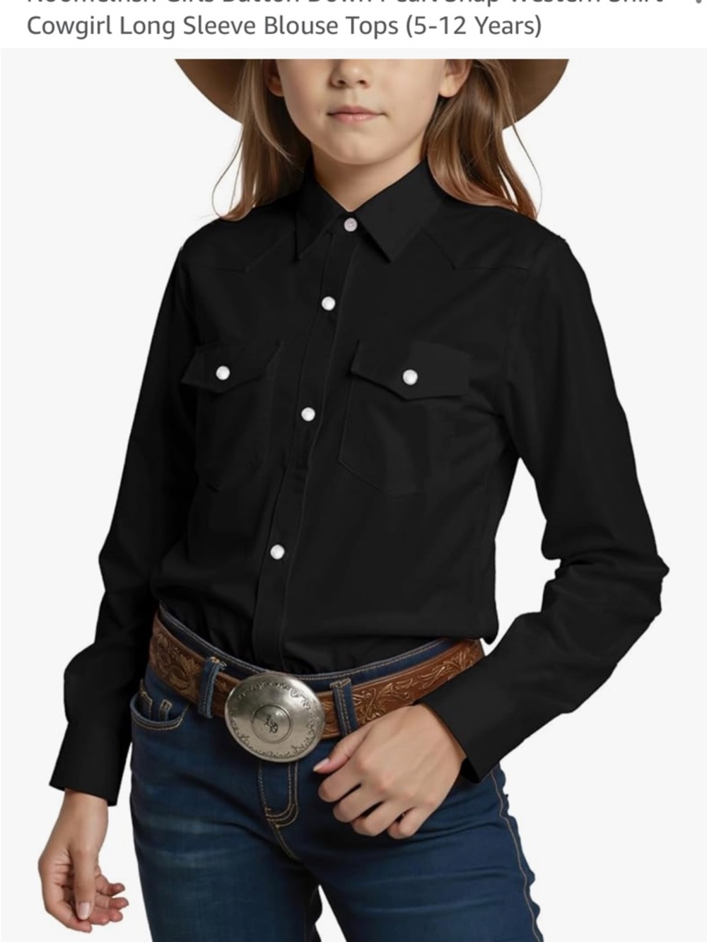 Girls' Black Long-Sleeve Button-Front Western Shirt